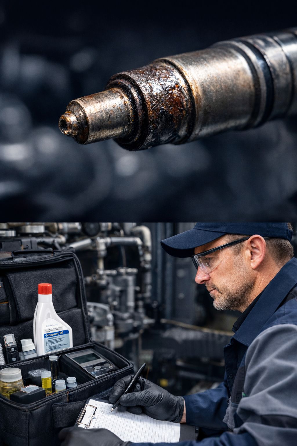Karstoittunut dieselmoottorin suutin ja asiantuntija dokumentoimassa polttoaineen tutkimustuloksia