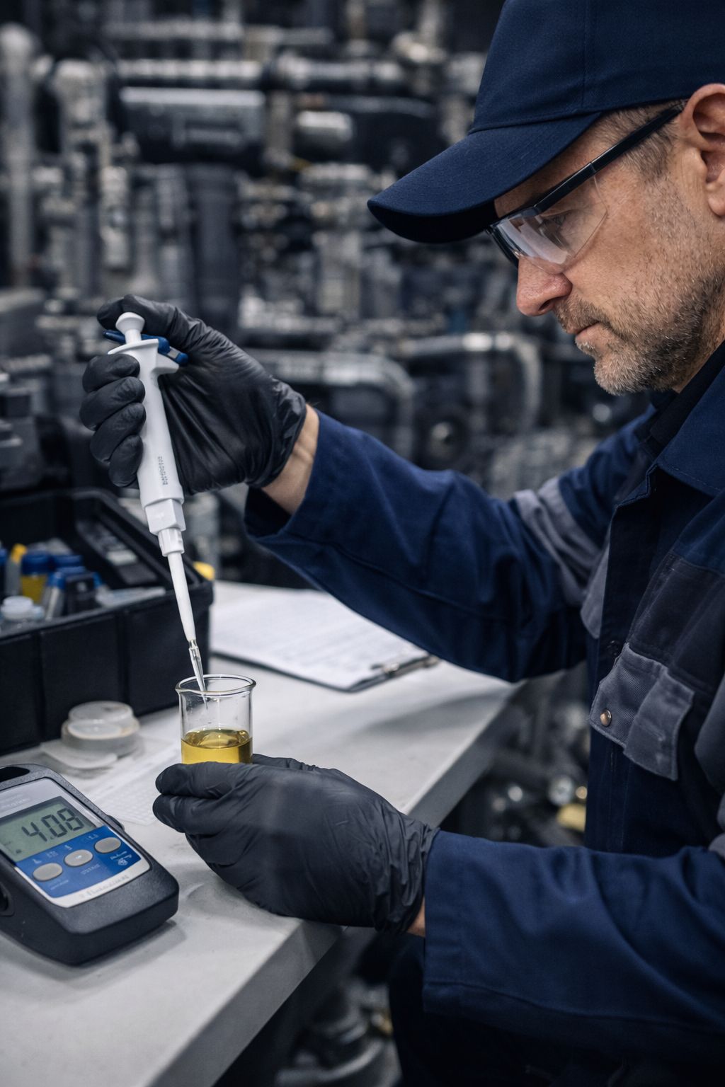 Asiantuntija pipetoimassa polttoainenäytettä dieselpolttoaineen laadun analysoimiseksi